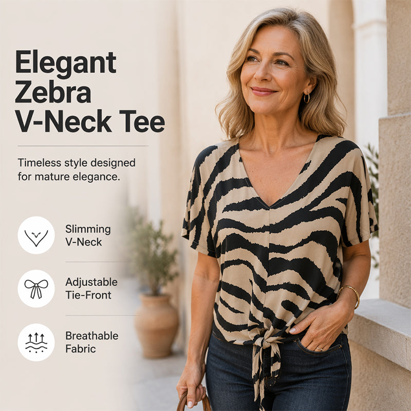 Women's V Neck Zebra Print Tie Front Casual T-Shirt