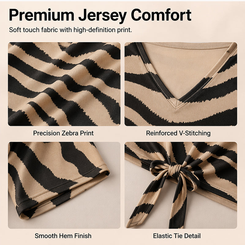 Women's V Neck Zebra Print Tie Front Casual T-Shirt