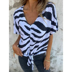Women's V Neck Zebra Print Tie Front Casual T-Shirt