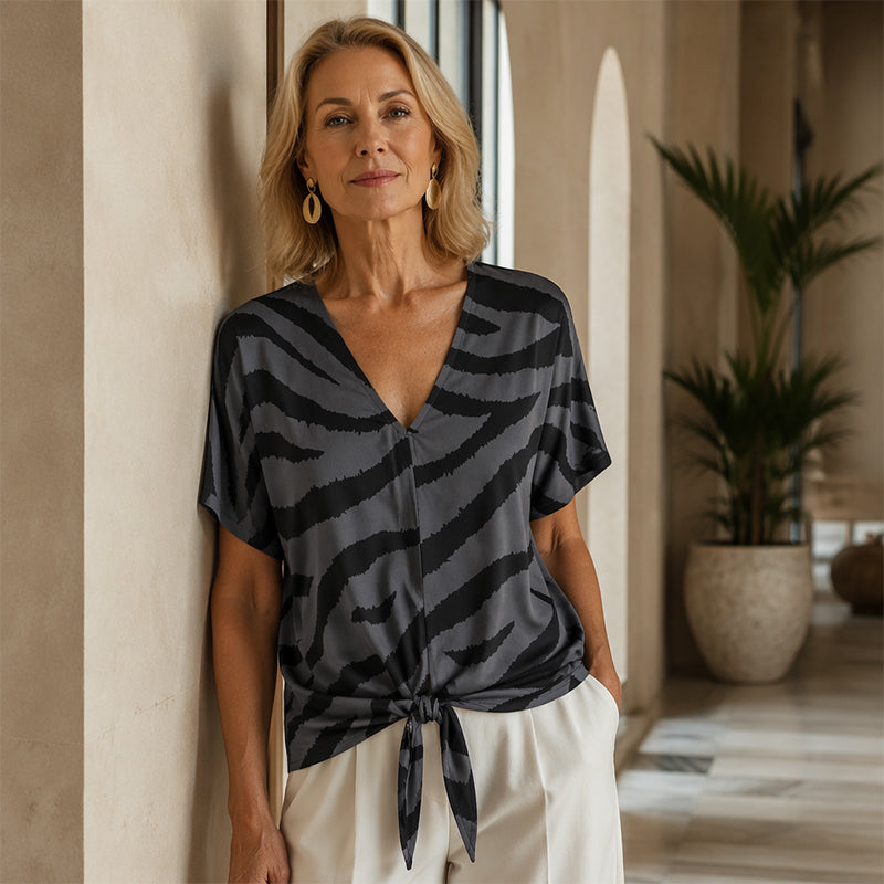 Women's V Neck Zebra Print Tie Front Casual T-Shirt