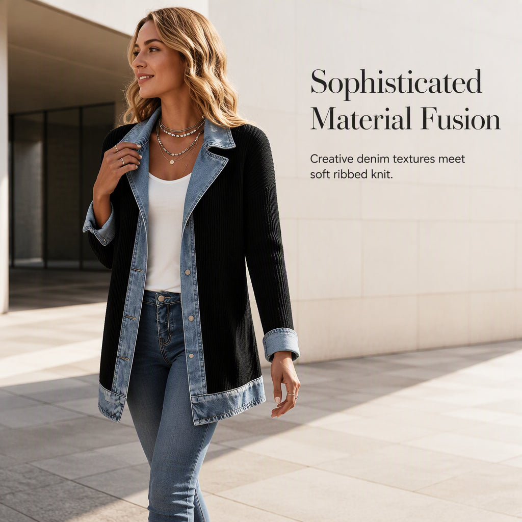 Women's Denim Patchwork Knit Cardigan Jacket