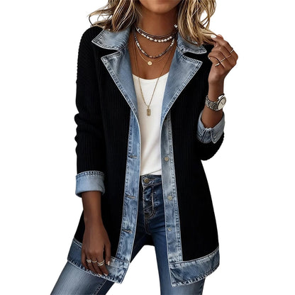 Women's Denim Patchwork Knit Cardigan Jacket