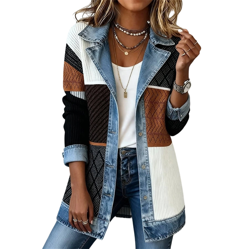 Women's Denim Patchwork Knit Cardigan Jacket