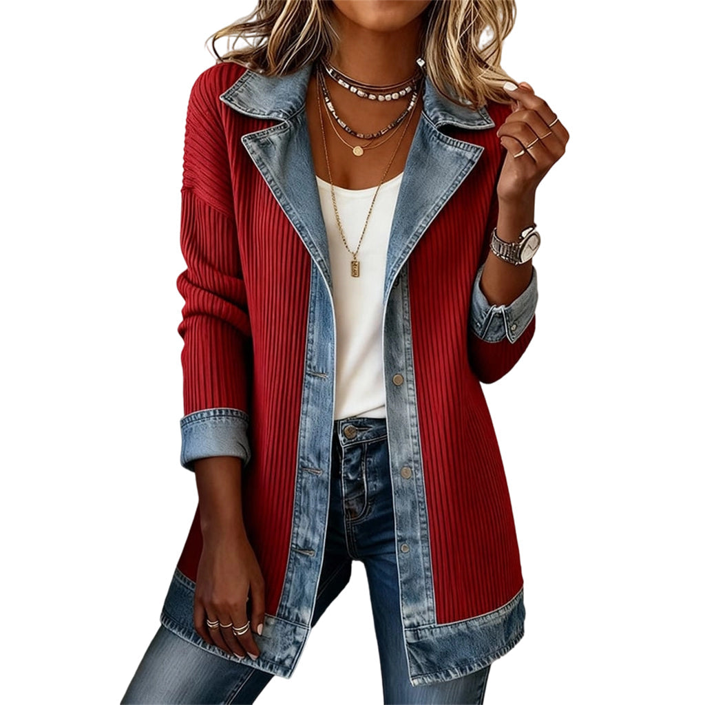 Women's Denim Patchwork Knit Cardigan Jacket