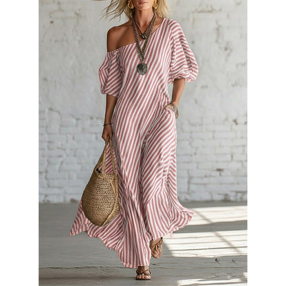 Women's Off Shoulder Striped Maxi Dress