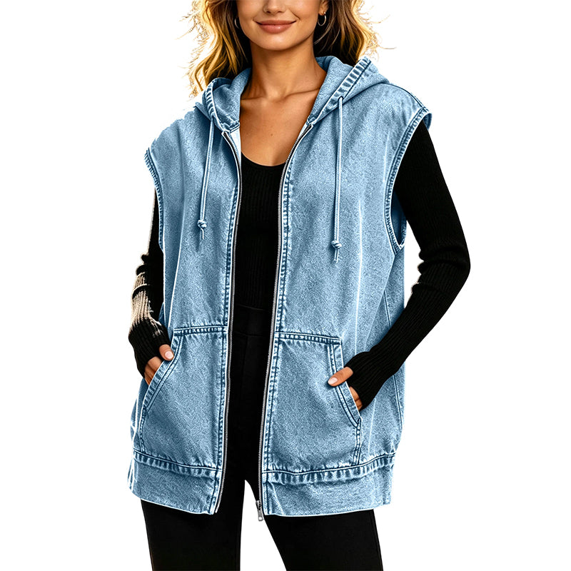 Women's Casual Hooded Denim Vest Jacket