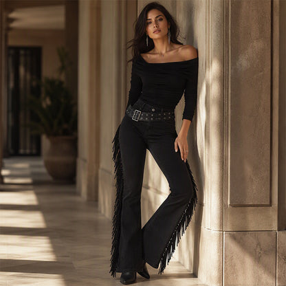 Women's High-Waisted Fringe Flare Jeans