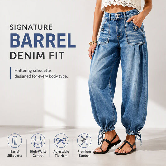 Women's High-Waisted Baggy Denim Cargo Jeans with Drawstring Hem
