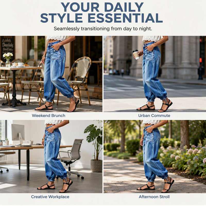 Women's High-Waisted Baggy Denim Cargo Jeans with Drawstring Hem