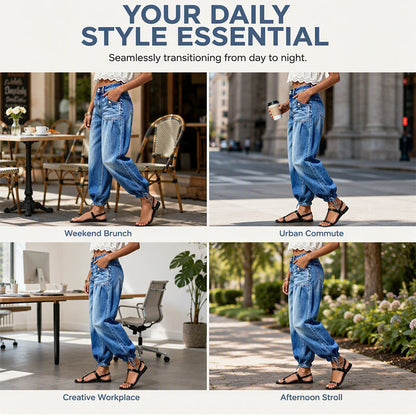 Women's High-Waisted Baggy Denim Cargo Jeans with Drawstring Hem
