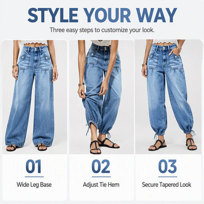Women's High-Waisted Baggy Denim Cargo Jeans with Drawstring Hem