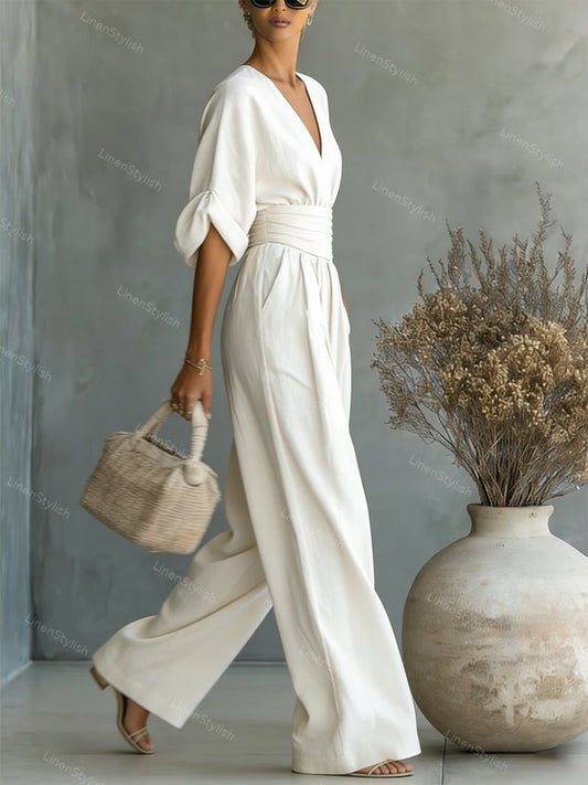 Women's Essential V-Neck Waist-Defining Jumpsuit