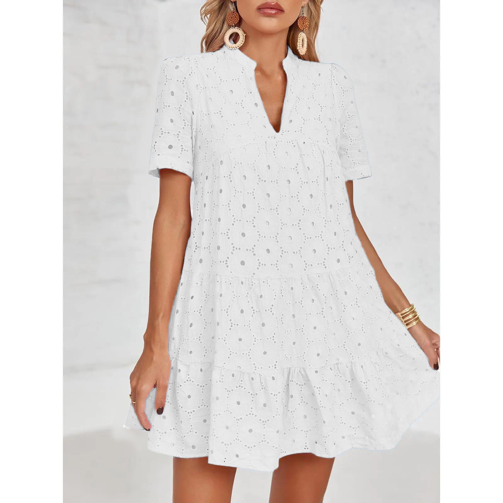 Eyelet Lace flowing dress – V-Neck, Short Sleeve, Relaxed Fit